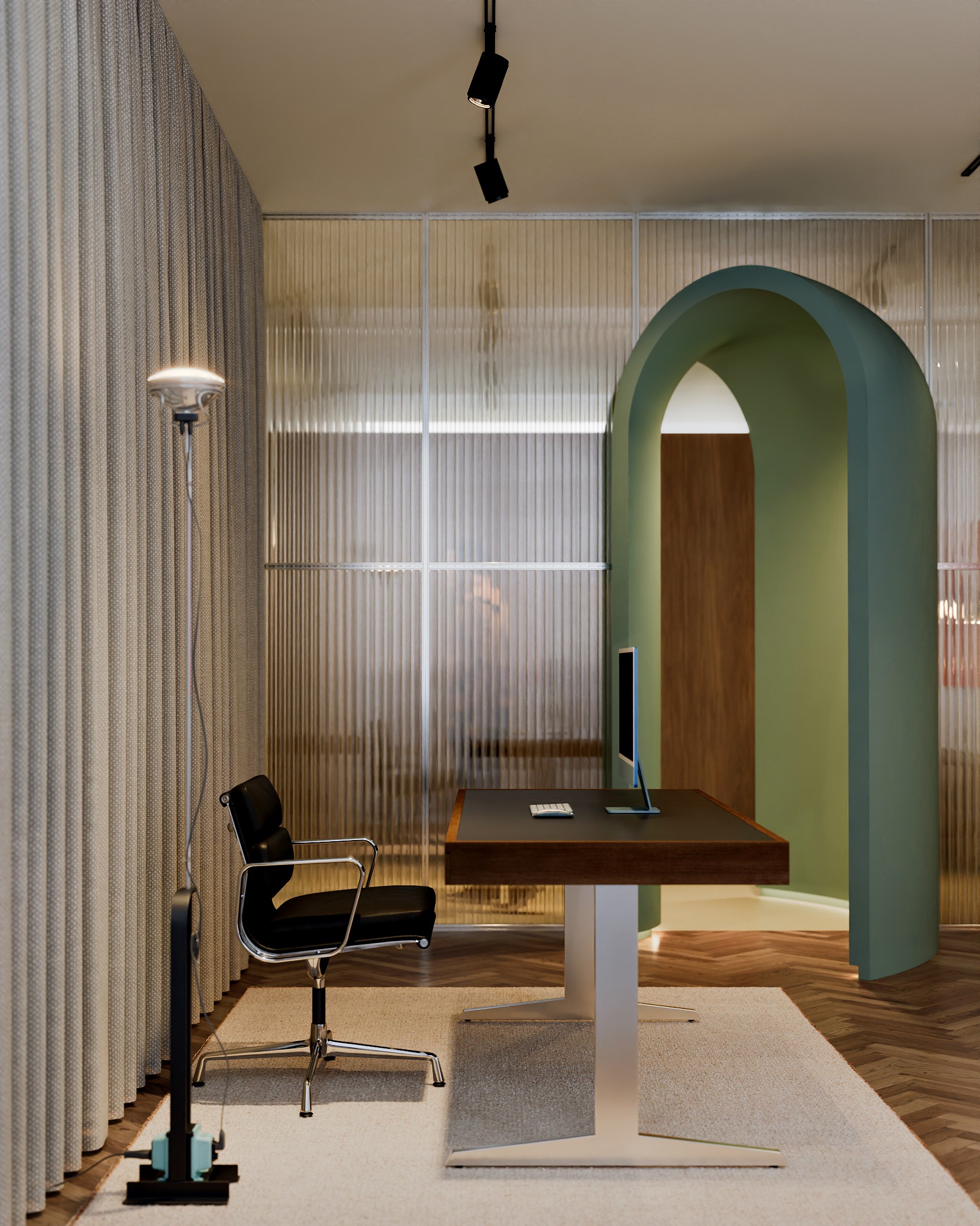 Soft, abstract portrait of a woman in profile, rendered with horizontal light lines.