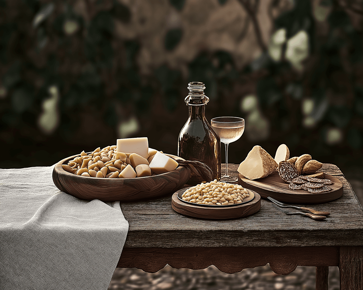A rustic table set with various traditional pastries and a small bottle, surrounded by green foliage.