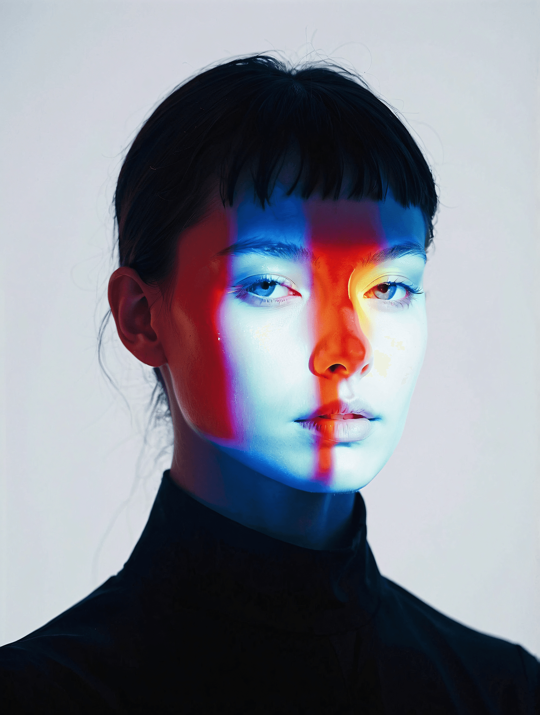 Portrait of a woman in a glossy black high-collar jacket, lit with a vivid band of neon blue, orange, and pink light across her eyes. Her dark hair is pulled back in a low bun and the background is plain white, creating a high-contrast futuristic editorial look.