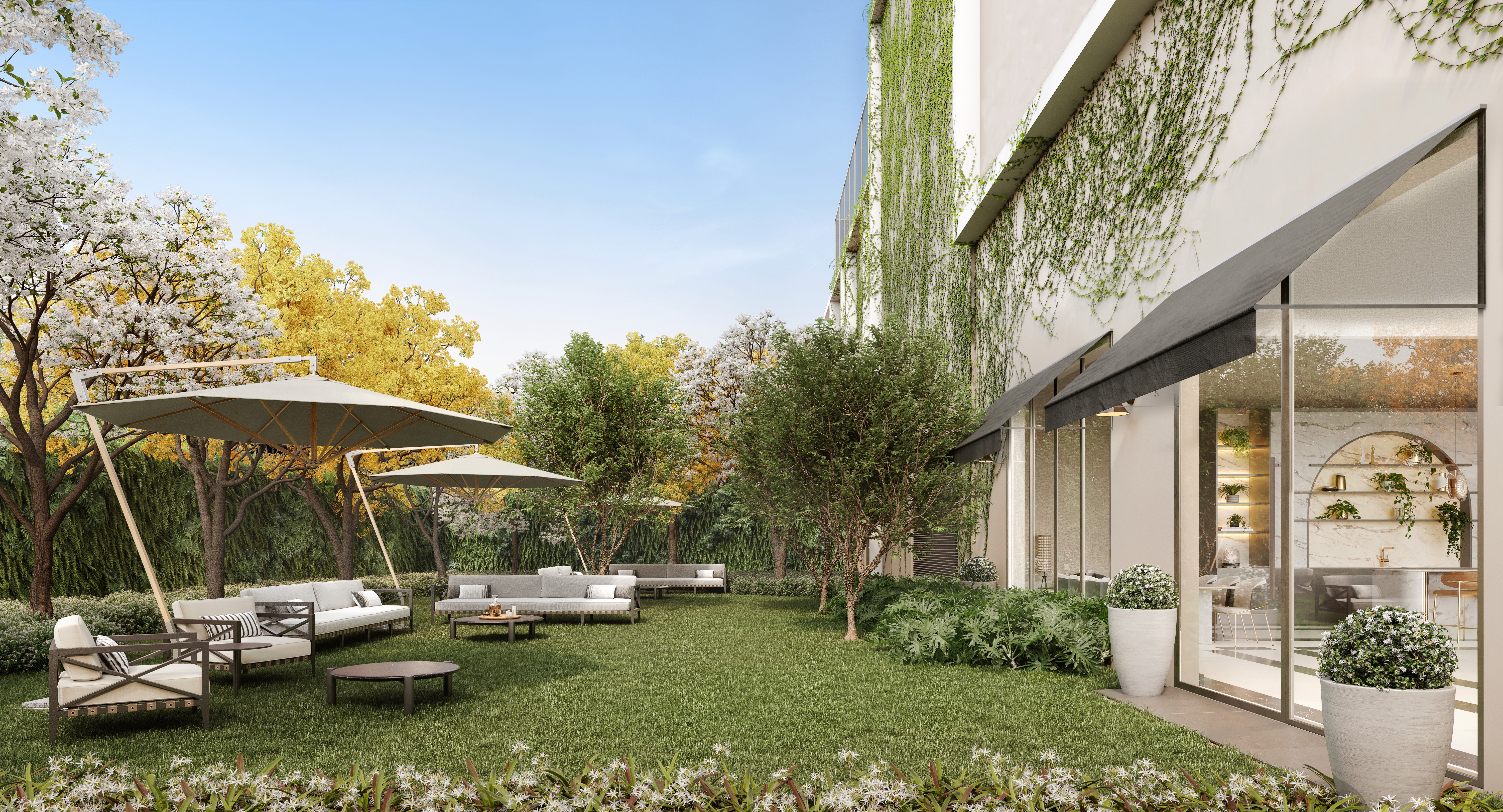 Curved modern skyscraper against a clear blue sky.