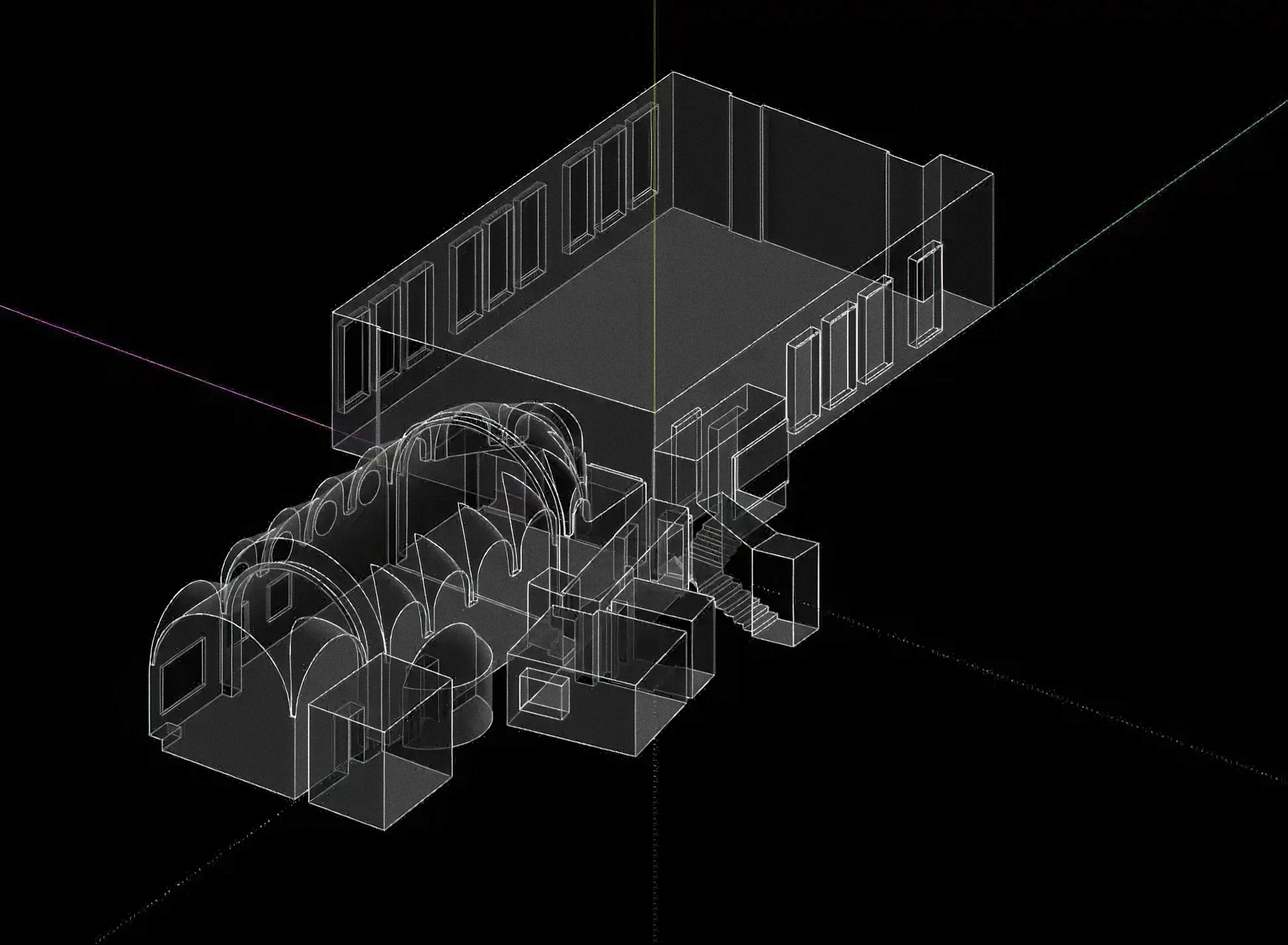 A Revit wireframe view with complex arched geometry and a simple rectangular volume in one model. What once felt like a technical challenge in Revit has become part of the everyday workflow.