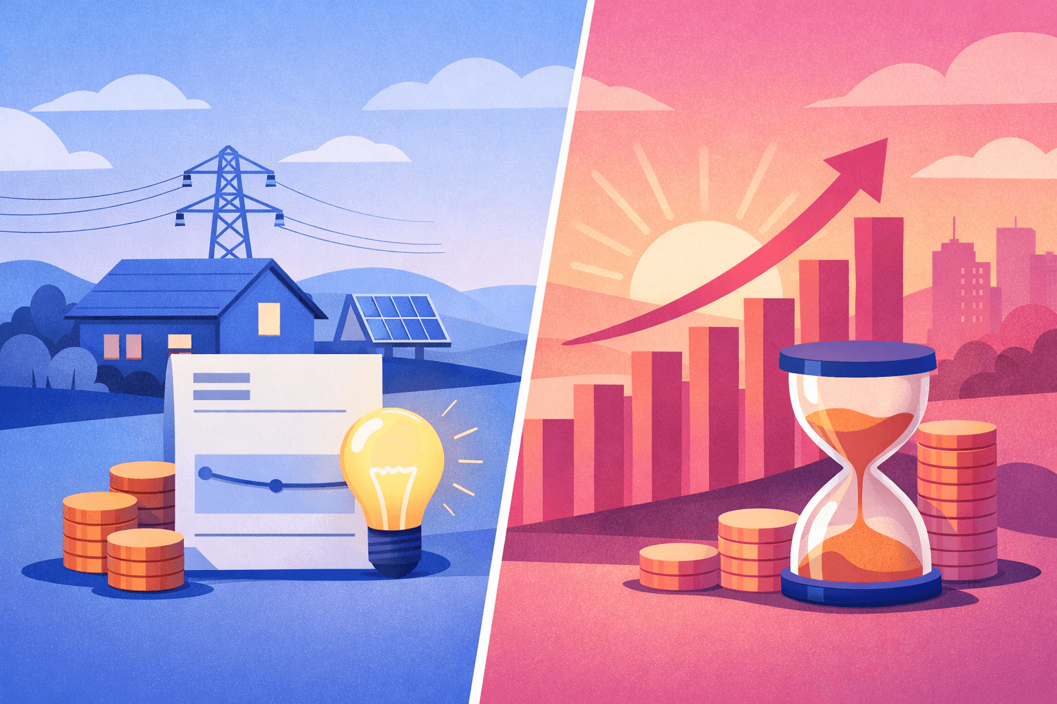 Ilustración editorial sobre las cuentas de la luz: estabilidad tarifaria en el presente y posible alza futura, representada con una escena visual de energía, hogar y proyección económica.