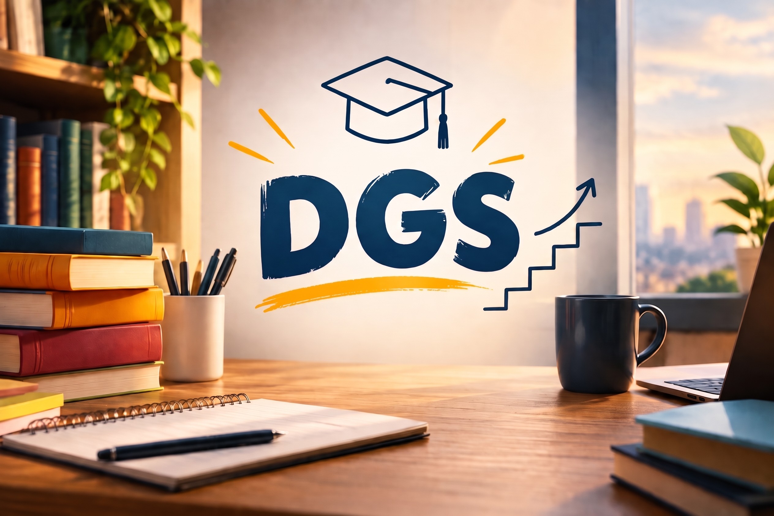 Ahşap çalışma masası üzerinde açık bir defter, kalemler, kitaplar ve kahve kupasının bulunduğu, fonda duvara çizilmiş kep figürü, "DGS" yazısı ve basamaklı yükseliş oku olan çalışma ortamı. Görselin sağ tarafında pencereden görünen şehir manzarası yer almaktadır.