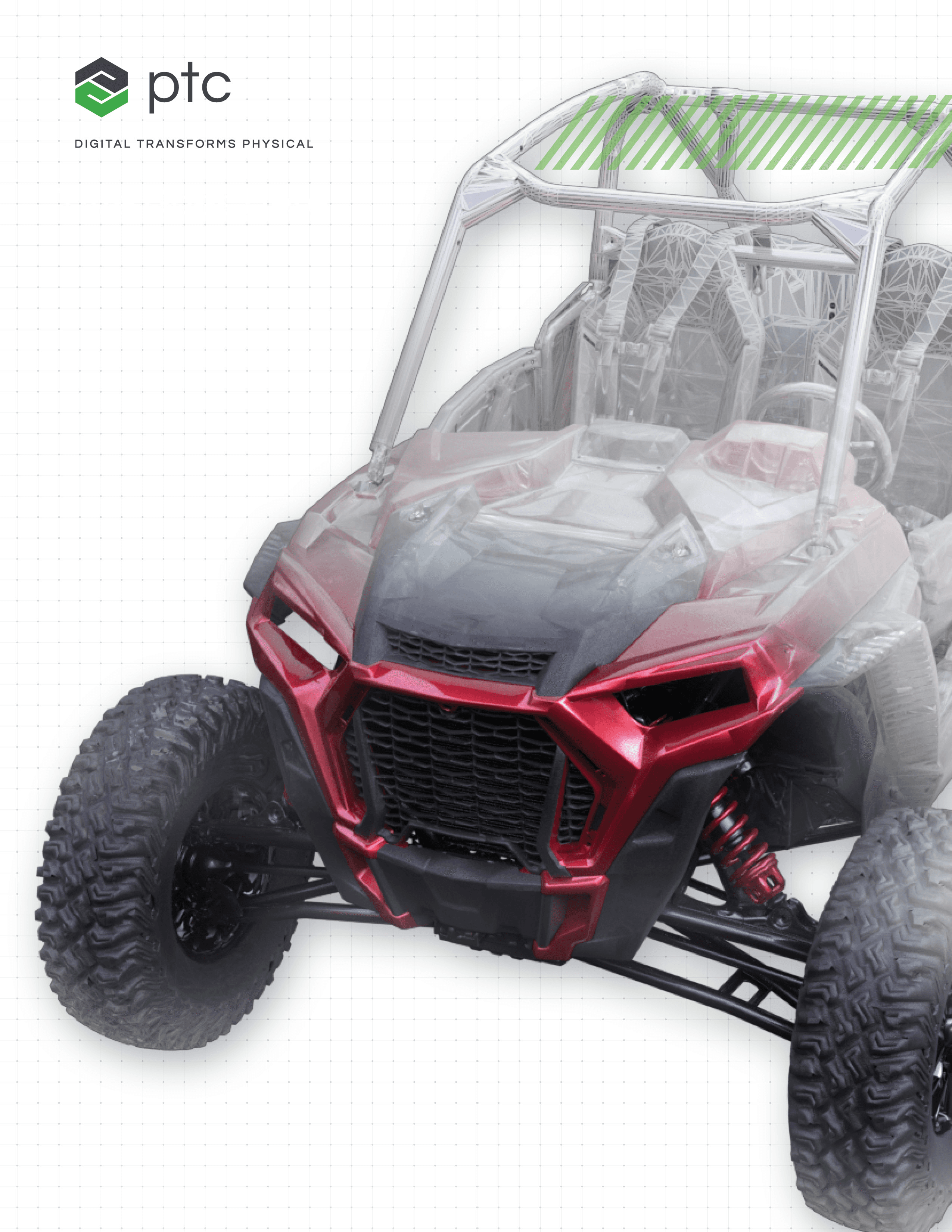 PTC digital transforms physical brand visual showing a red off road UTV vehicle with a green wireframe CAD model overlay illustrating the transition from digital design to physical product