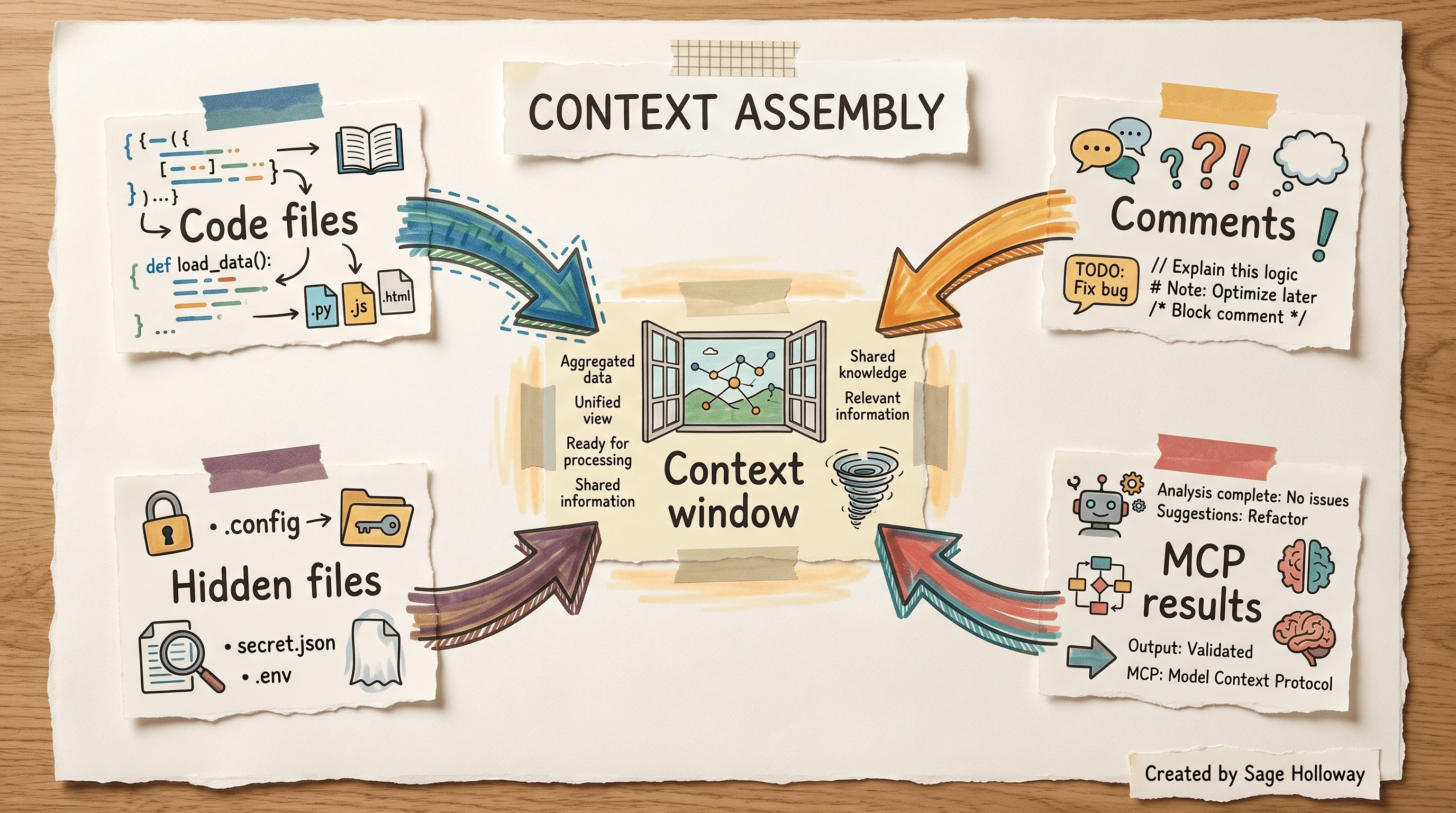 Scrapbook diagram of IDE context assembly from code, comments, hidden files, and MCP responses