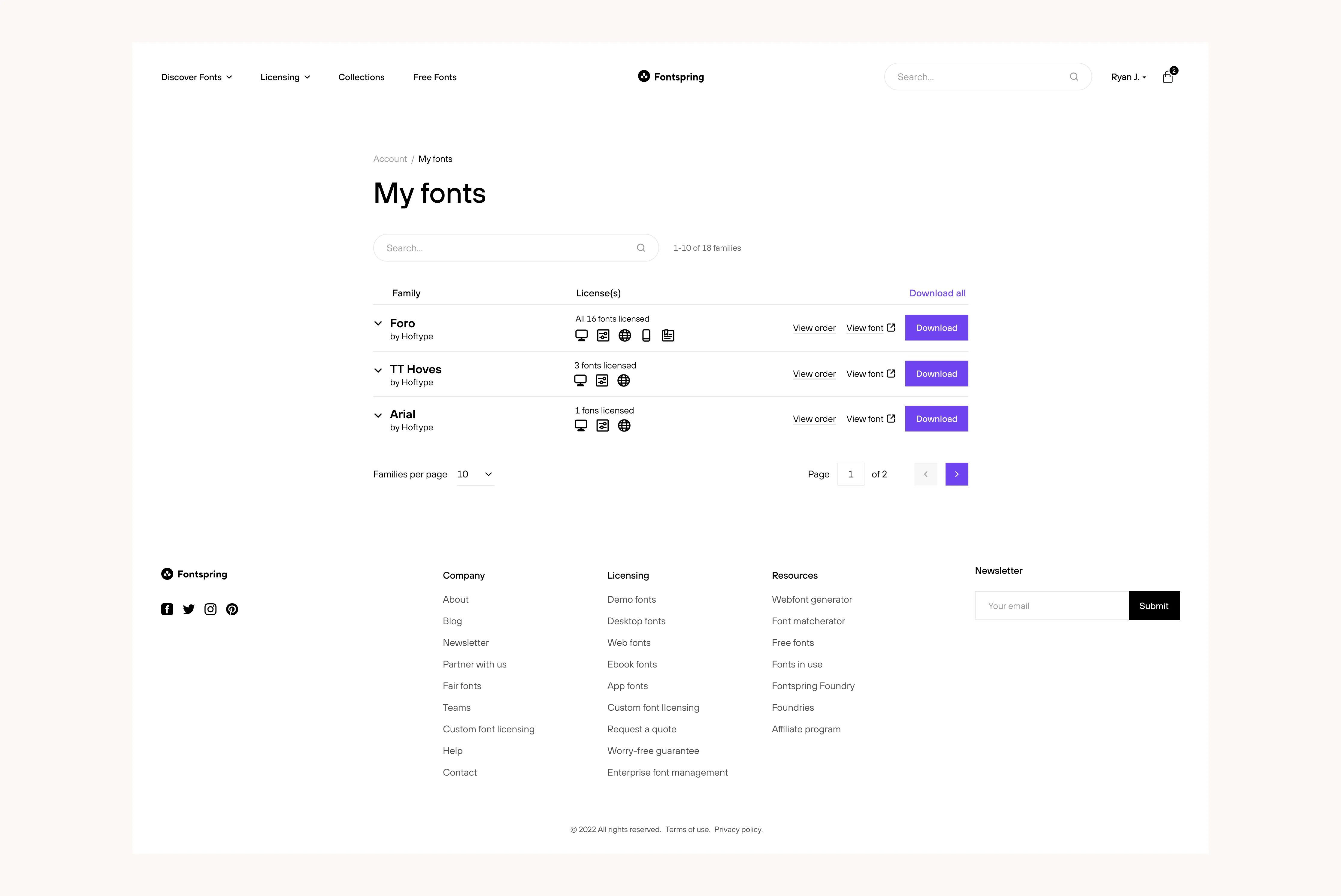 My Fonts account pages for Fontspring