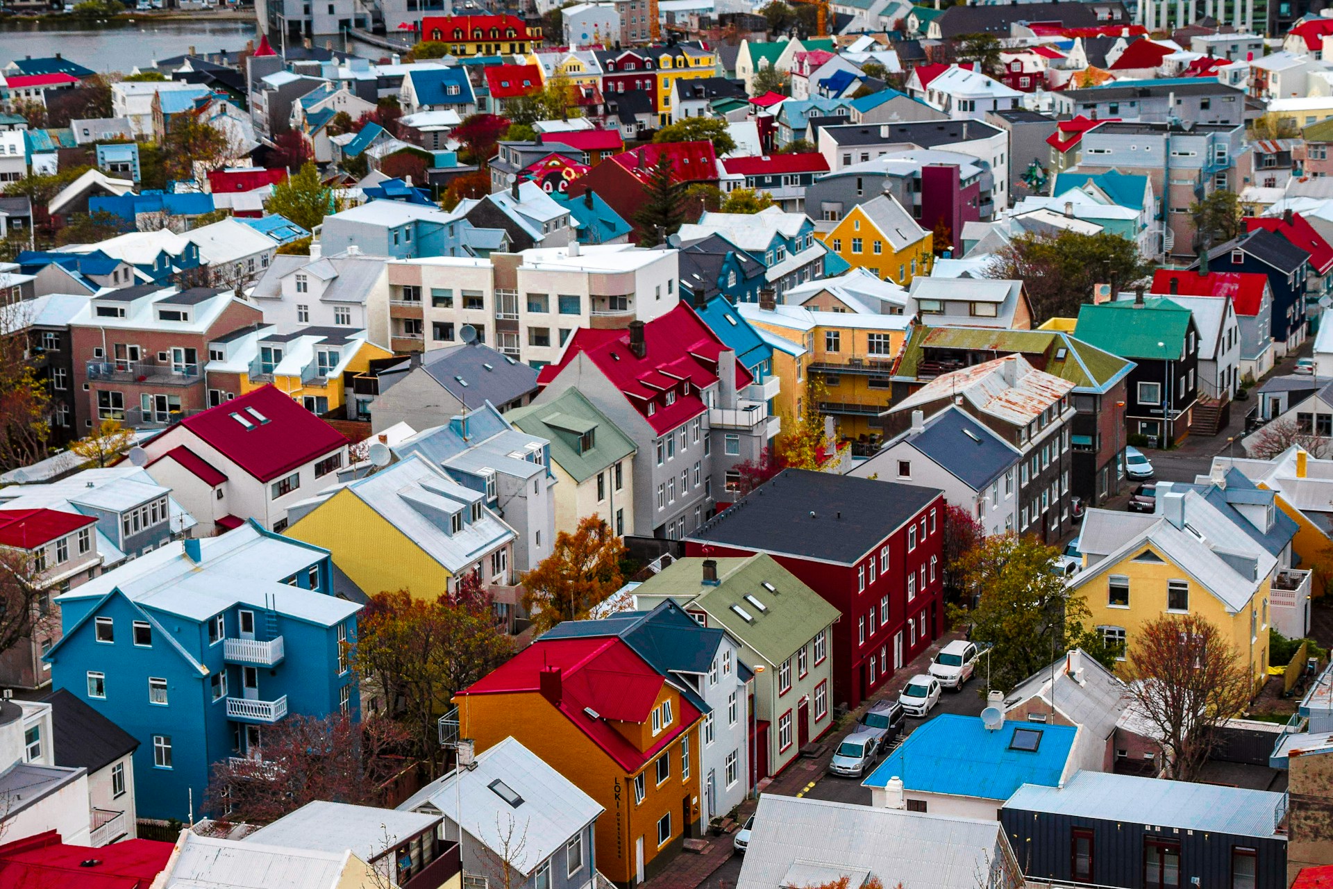 Panoramic view of Reykjavík's colorful houses and rooftops.