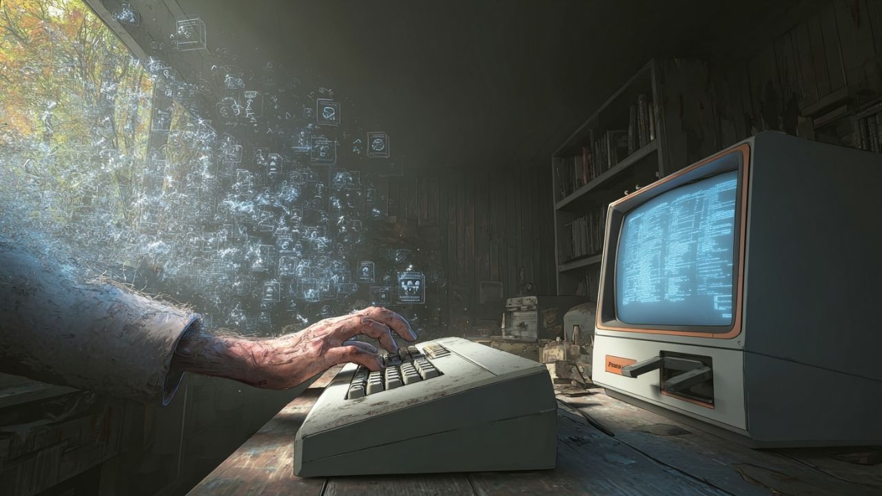 Person typing on a retro computer as digital data flows out into the air