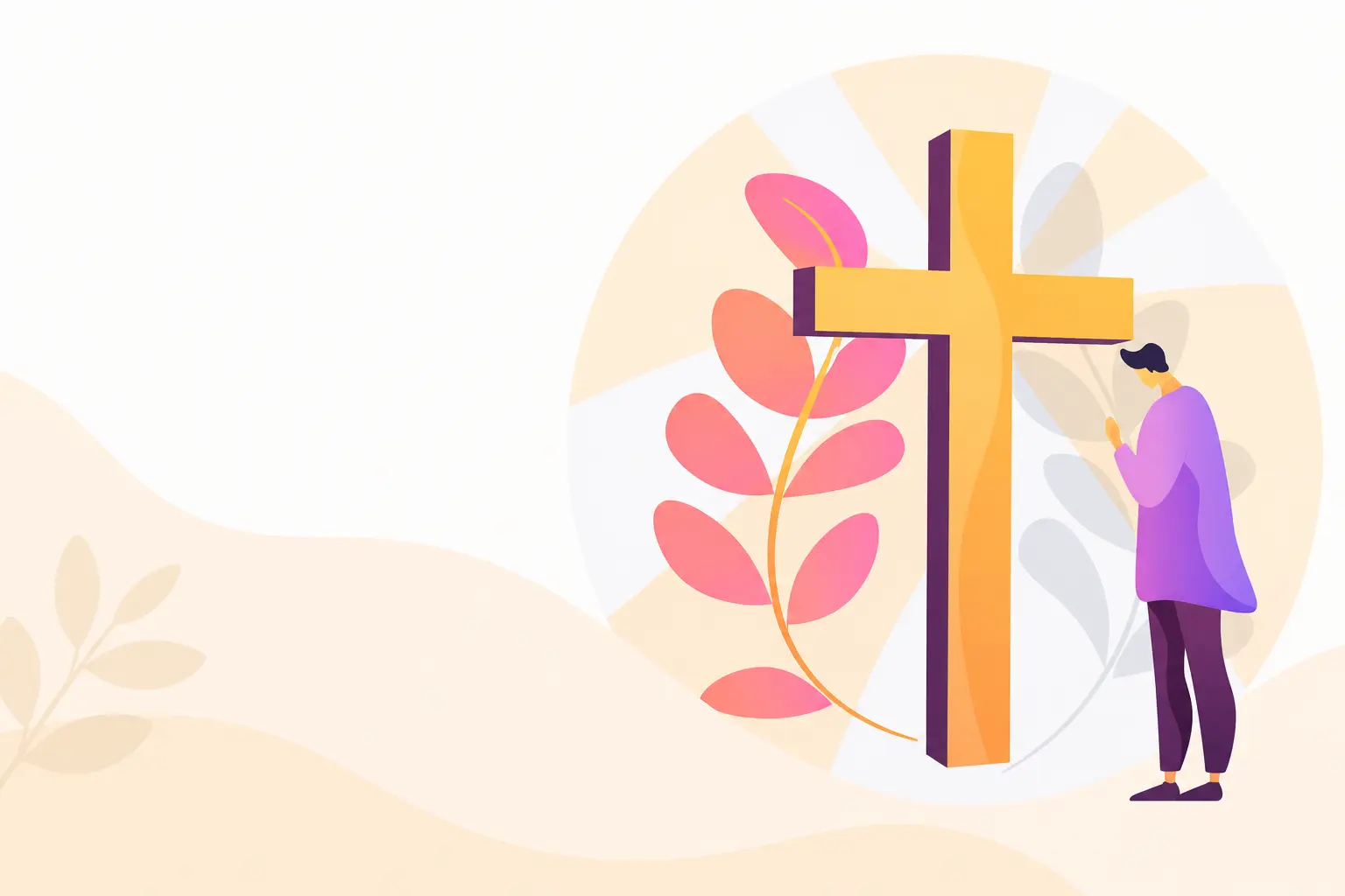 Illustration of a person praying with head bowed beside a large cross