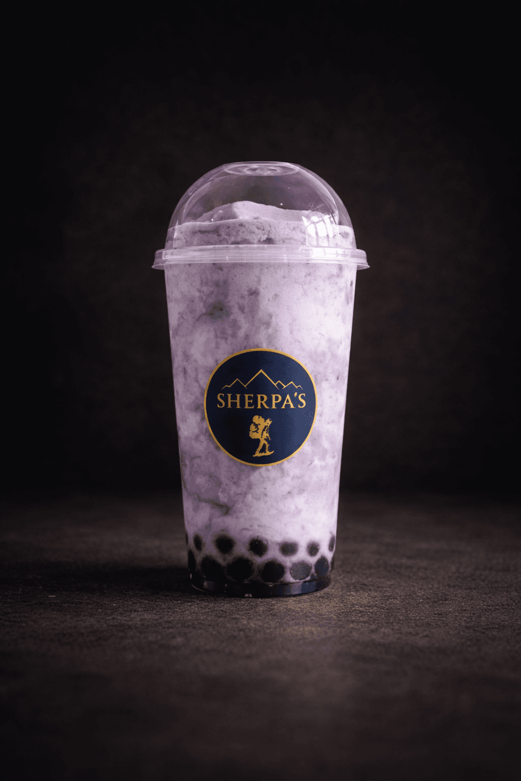 Taro Fruit Smoothie with boba pearls at Café Sherpa's café in Brookfield, WI. Blended to order with real taro for a subtly sweet, naturally purple sip.