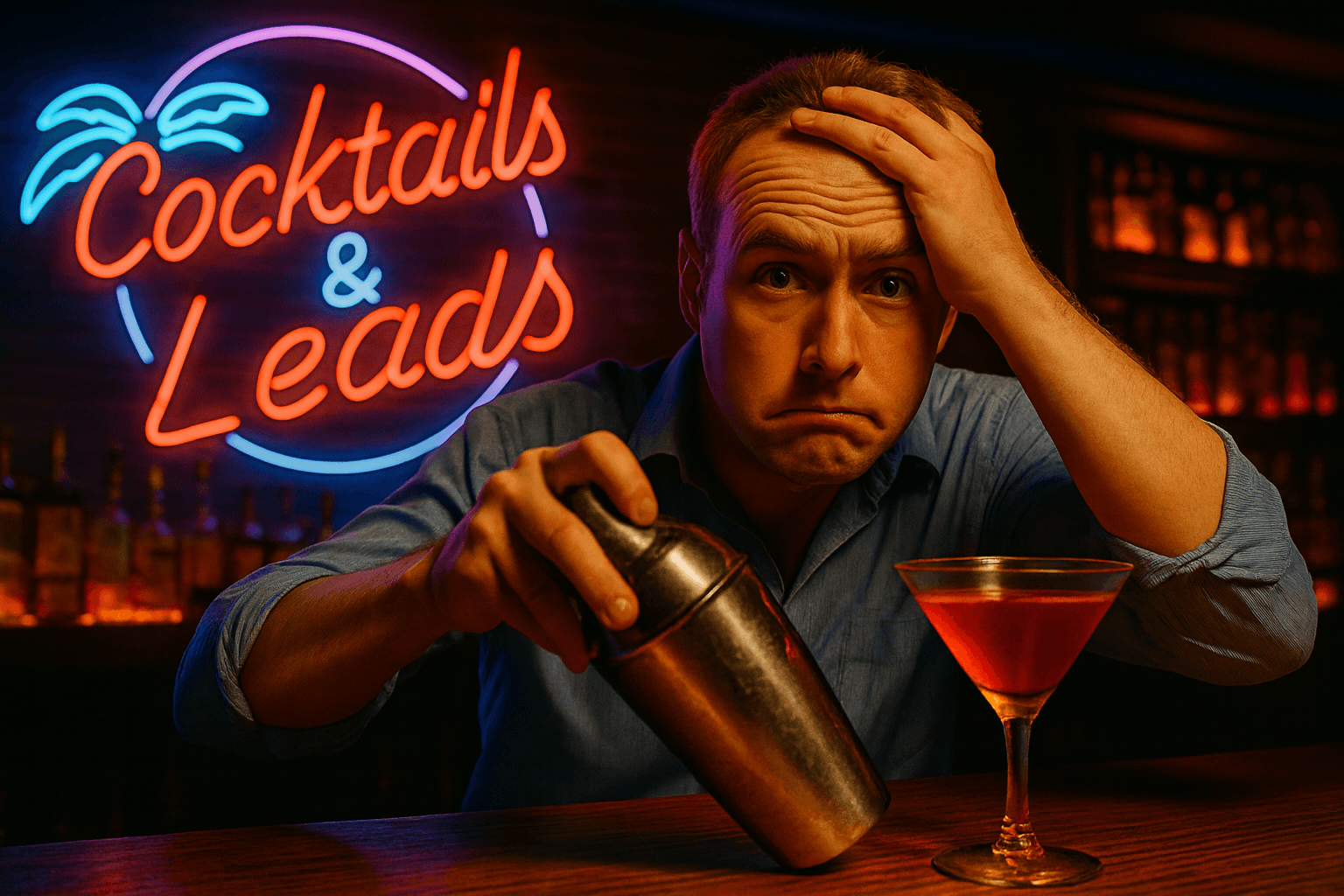 Man behind a bar holding a cocktail shaker with a concerned expression, in front of a neon ‘Cocktails & Leads’ sign