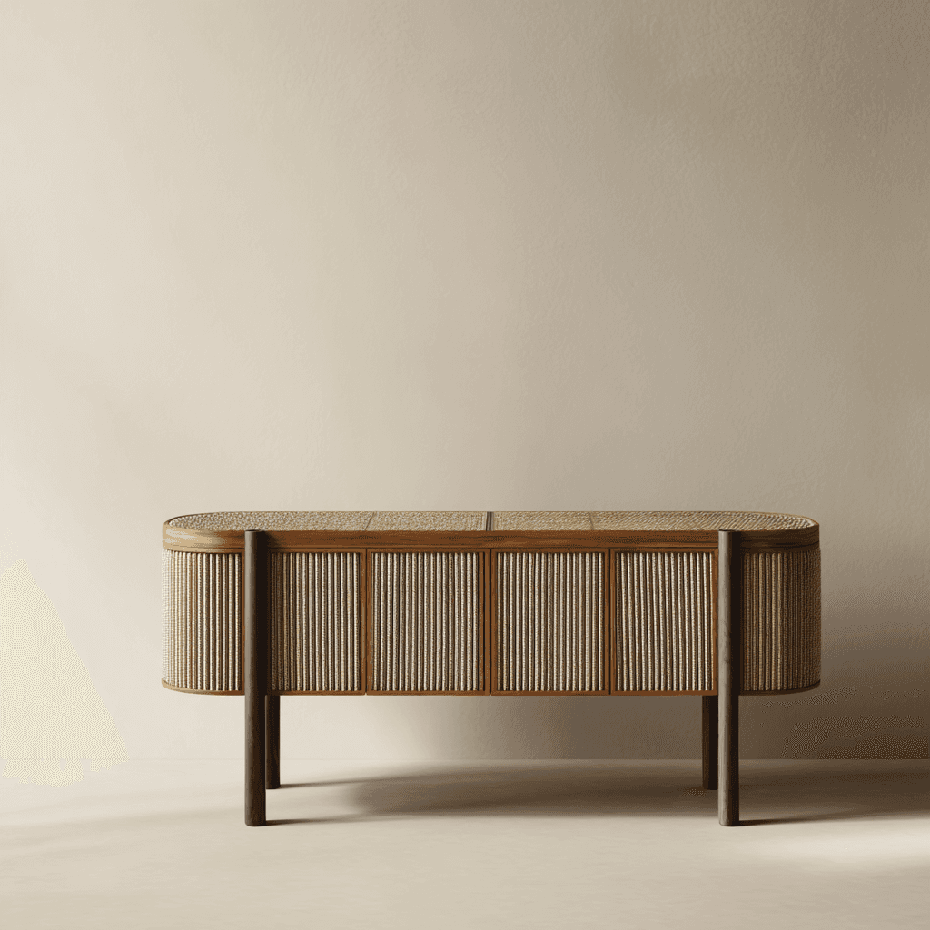 Bandh A composed enclosure.  Where woven cane forms a rhythmic skin,  and structure holds storage with quiet restraint.