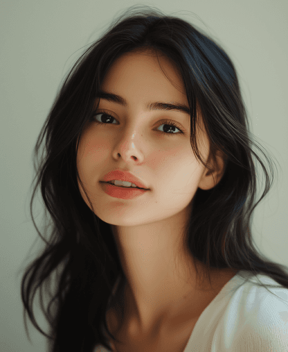 Headshot of a young woman with brown hair styled in a low ponytail and bangs. She's wearing a black shirt and hoop earrings.