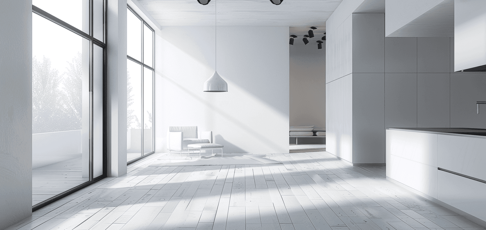 A serene bedroom with purple tones, a minimalist bed, wooden nightstands, and soft natural lighting.