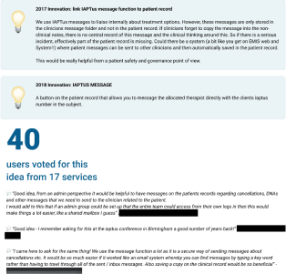 Survey feedback highlighting user suggestions for integrating IAPTus messaging into patient records, with 40 votes supporting the feature from 17 services.