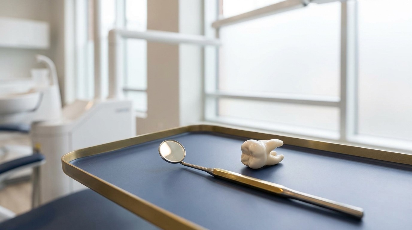 Dental mirror resting beside a tooth model in a bright exam room