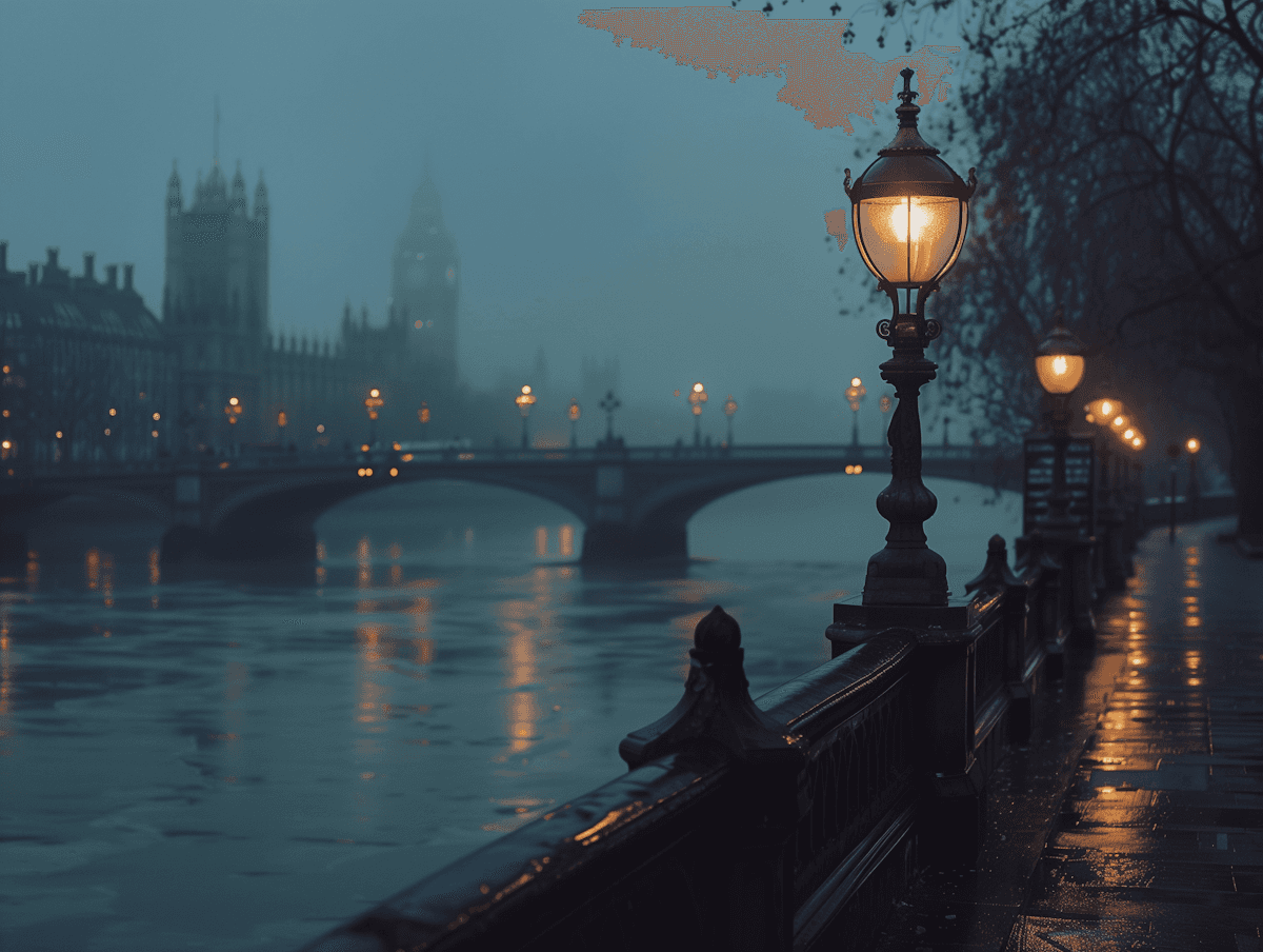 Foggy London riverside with gas lamps and Parliament