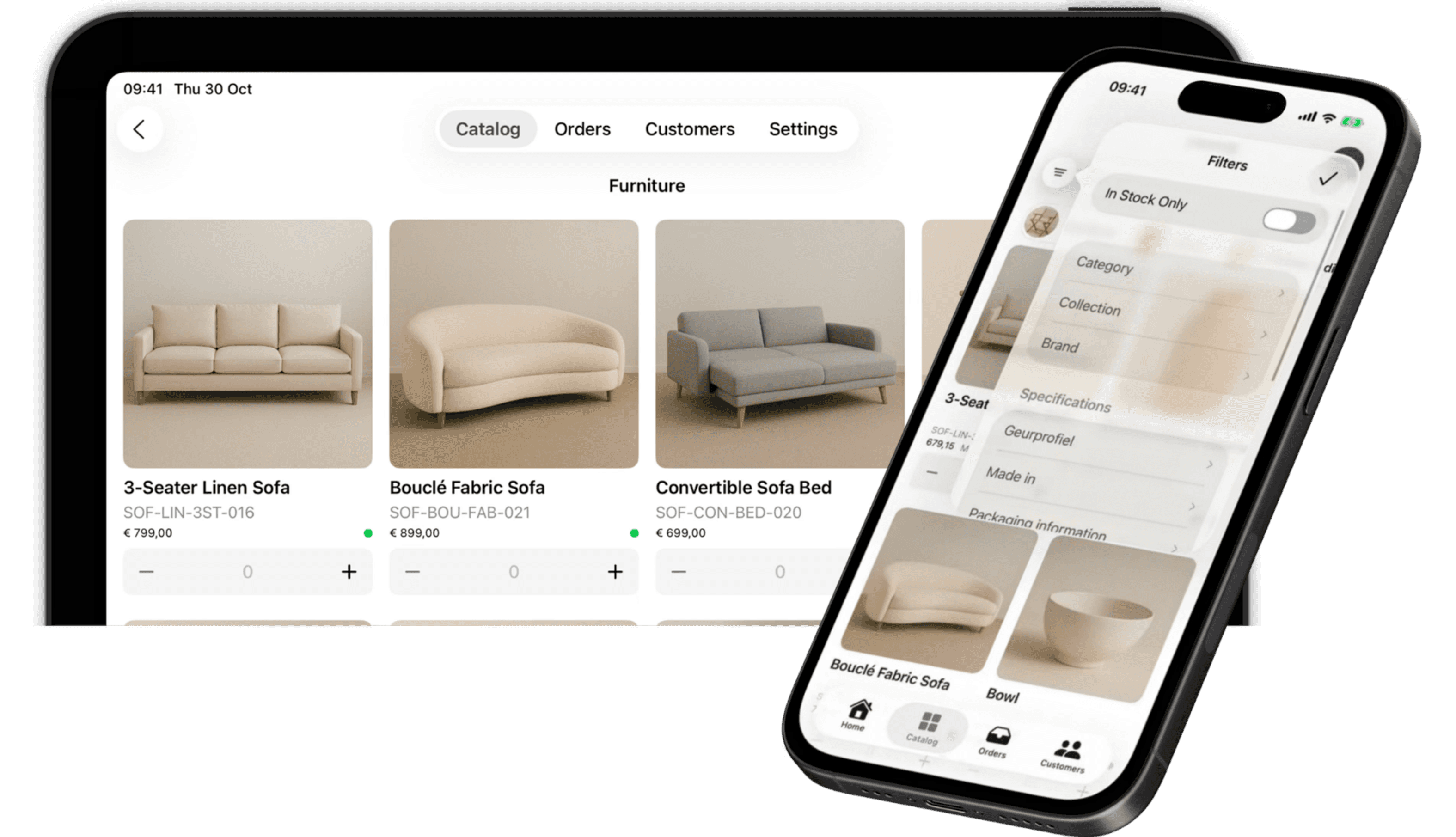 Orderchamp Sales App interface displayed on tablet and mobile, showing wholesale furniture products, filters, and order management tools
