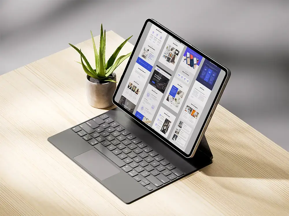 Modern email design template shown on a tablet screen