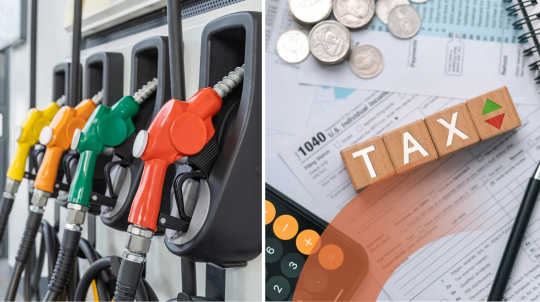 A row of vibrant gas pump nozzles at a fuel station alongside tax forms, wooden blocks spelling "TAX," a calculator, and assorted coins, symbolizing the financial impact of fuel taxes.