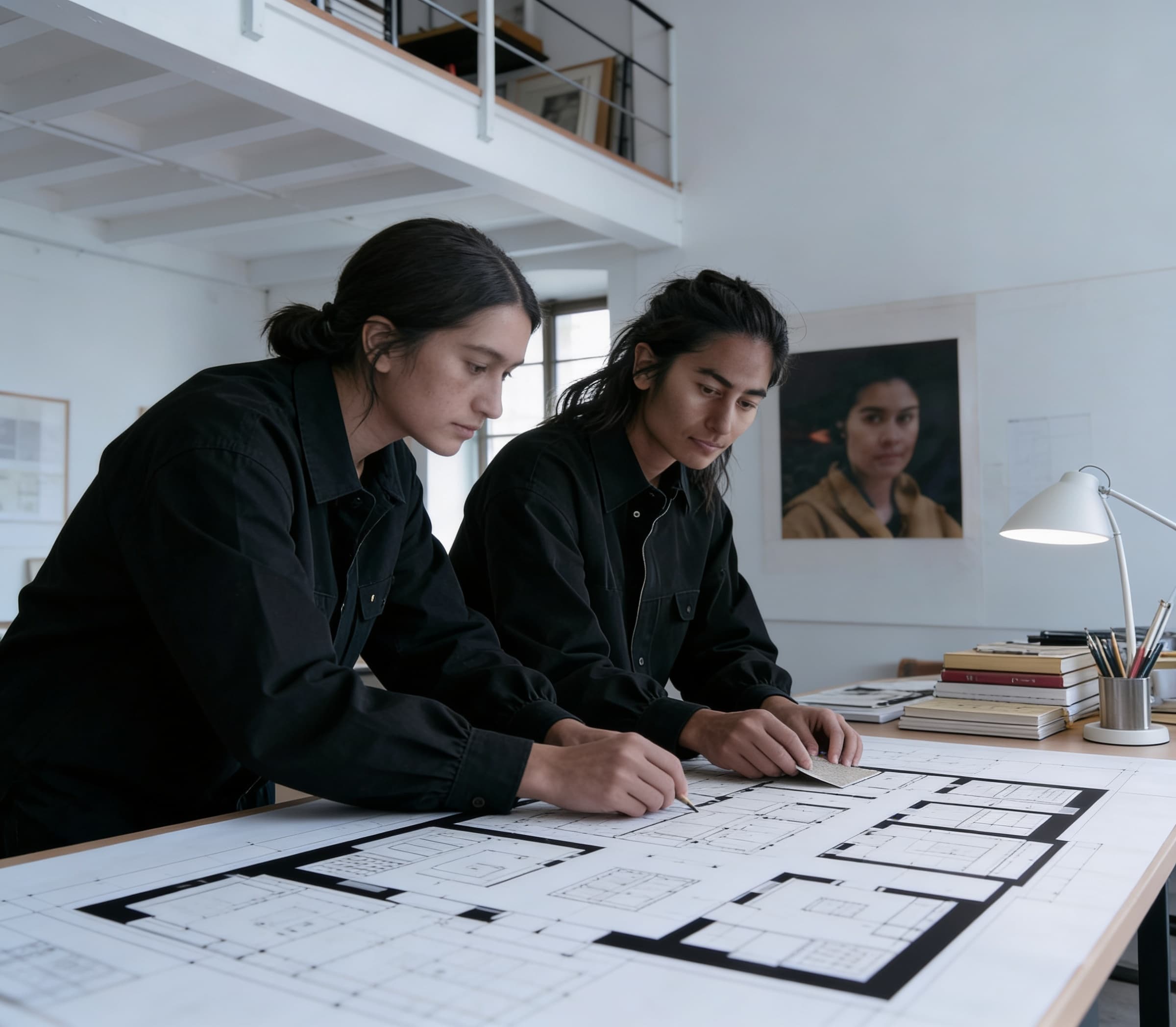 Two individuals in a modern office collaborate over architectural blueprints, with shelves and a desk lamp as part of the minimalistic decor, enhancing the interior design theme.