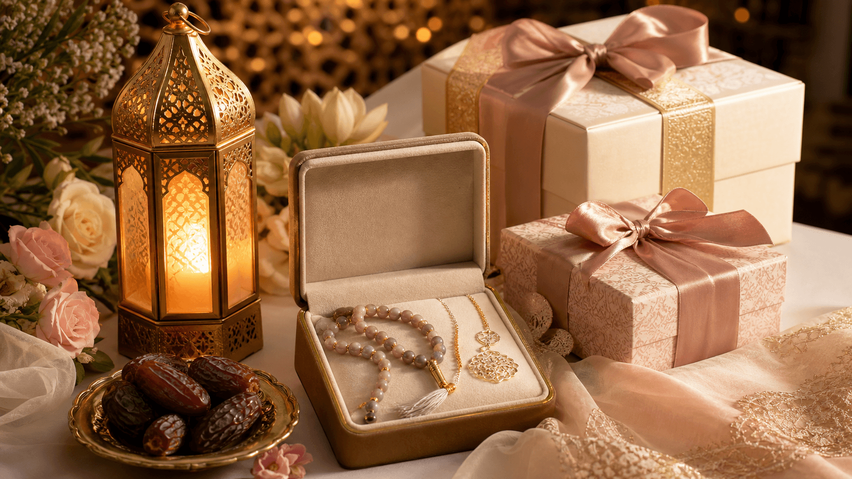 Elegant Islamic gifts for women: a jewellery gift box with Dhikr beads, dates and a lantern for Eid gifting