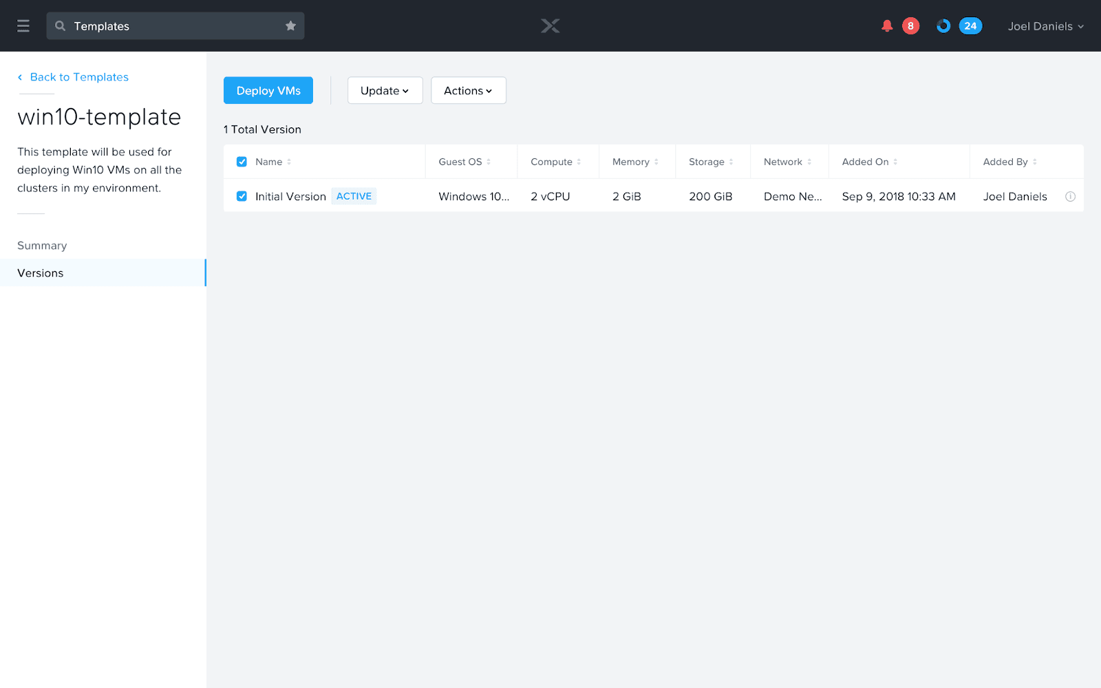 The Versions view showing an initial version created for the selected VM Template