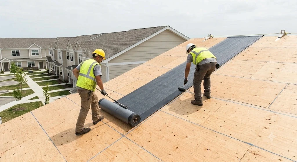 Close-up of rotten roof decking exposed during a townhome tear-off in South Florida