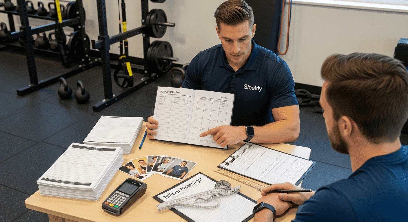 Personal trainer reviewing client training plan during gym consultation
