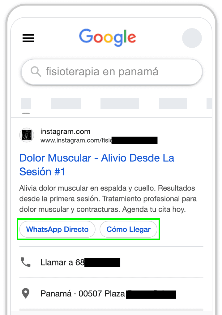 Anuncio de Google Ads para fisioterapia en Panamá con extensiones de llamada, WhatsApp y cómo llegar, optimizado para atraer clientes locales.