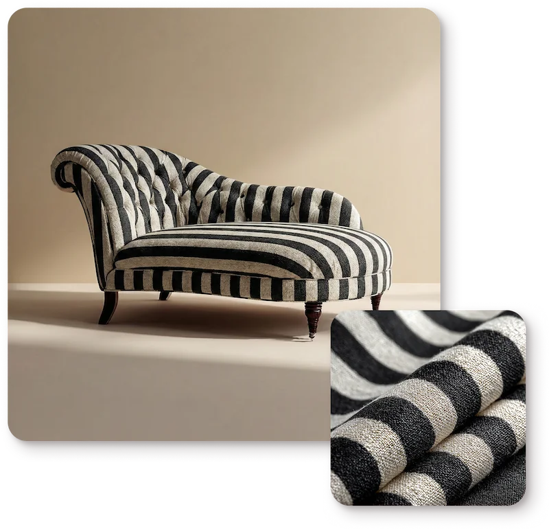 Black and white striped chaise and fabric swatch