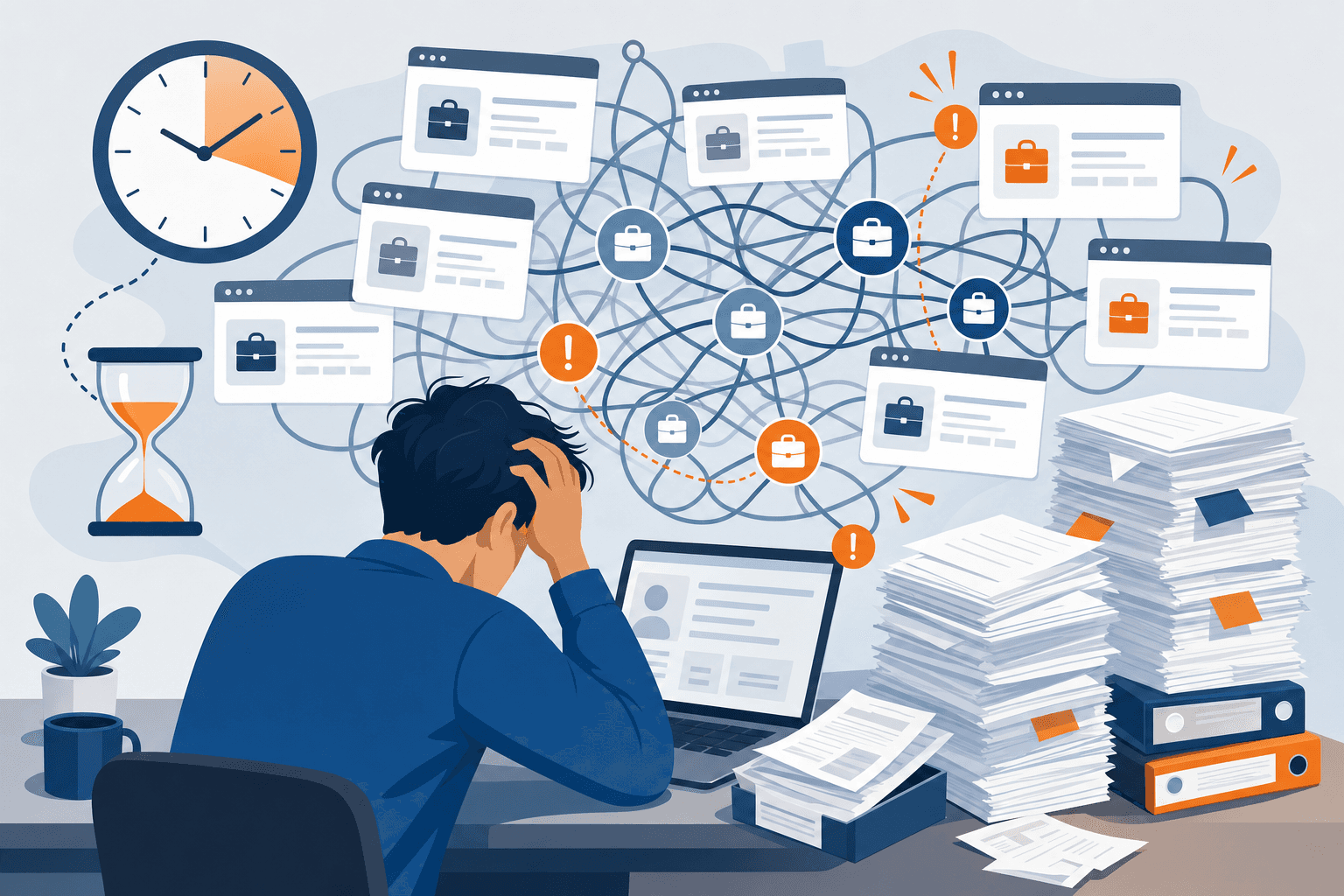 A clean, modern illustration showing common job search time-wasters and bottlenecks. Visual elements include multiple browser windows or tabs scattered chaotically, a clock showing time passing, stacks of documents or papers representing applications, and a tangled web of connections between job board icons. Use a professional color palette with blues, grays, and orange accents to highlight stress points. Flat design style, business illustration, no text or letters.
