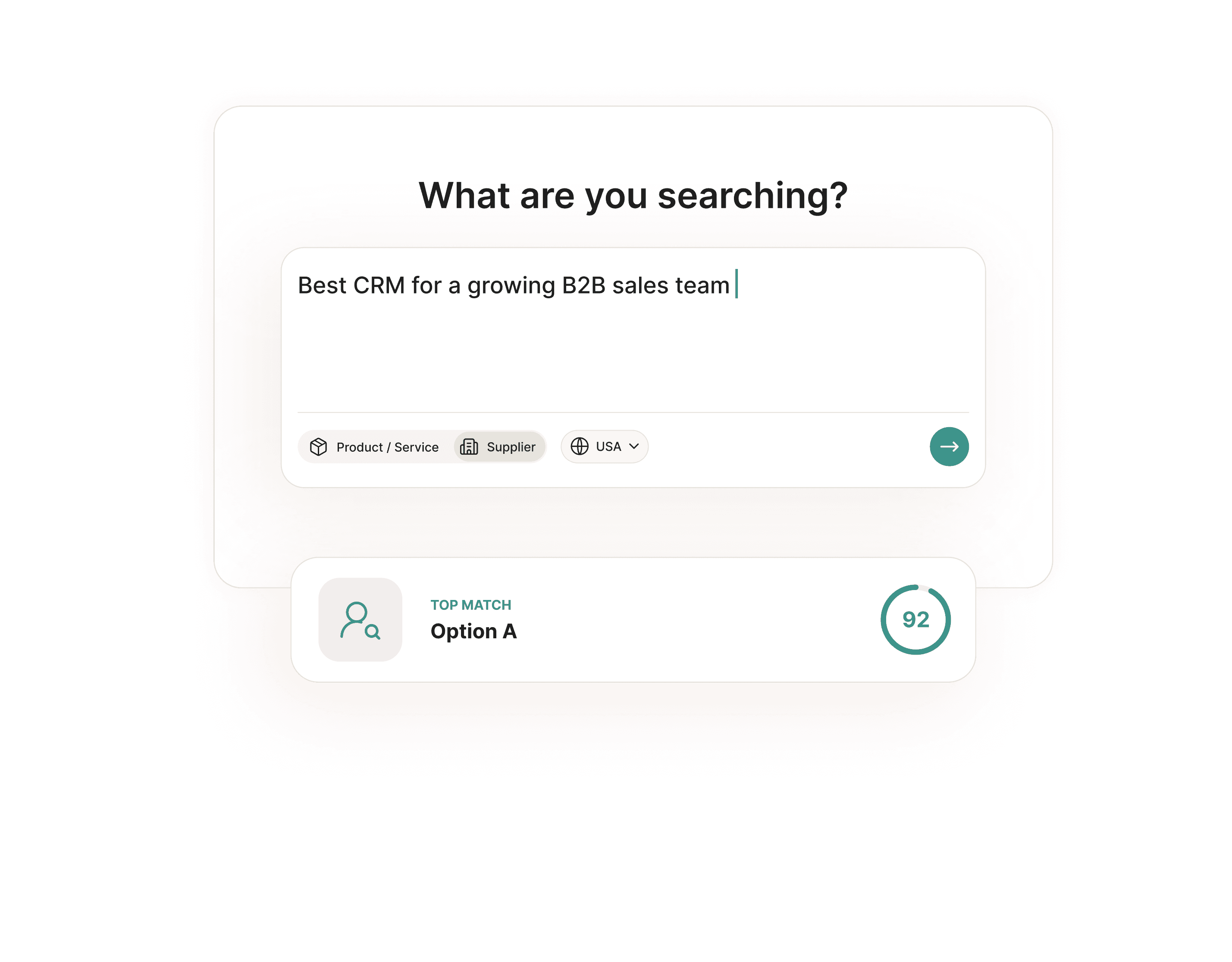 MercatIQ search screen with the query "Best CRM for a growing B2B sales team", product or supplier and country filters, and a top match scored 92.