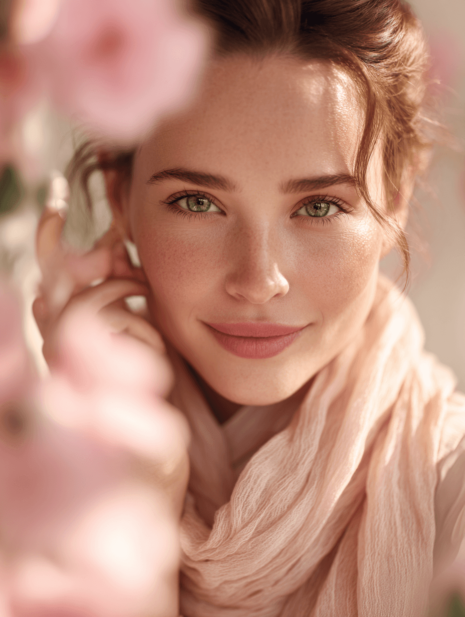 Woman smiling softly amidst pink flowers, wearing a light pink scarf. Sunlight highlights her serene expression, evoking a warm and gentle mood.