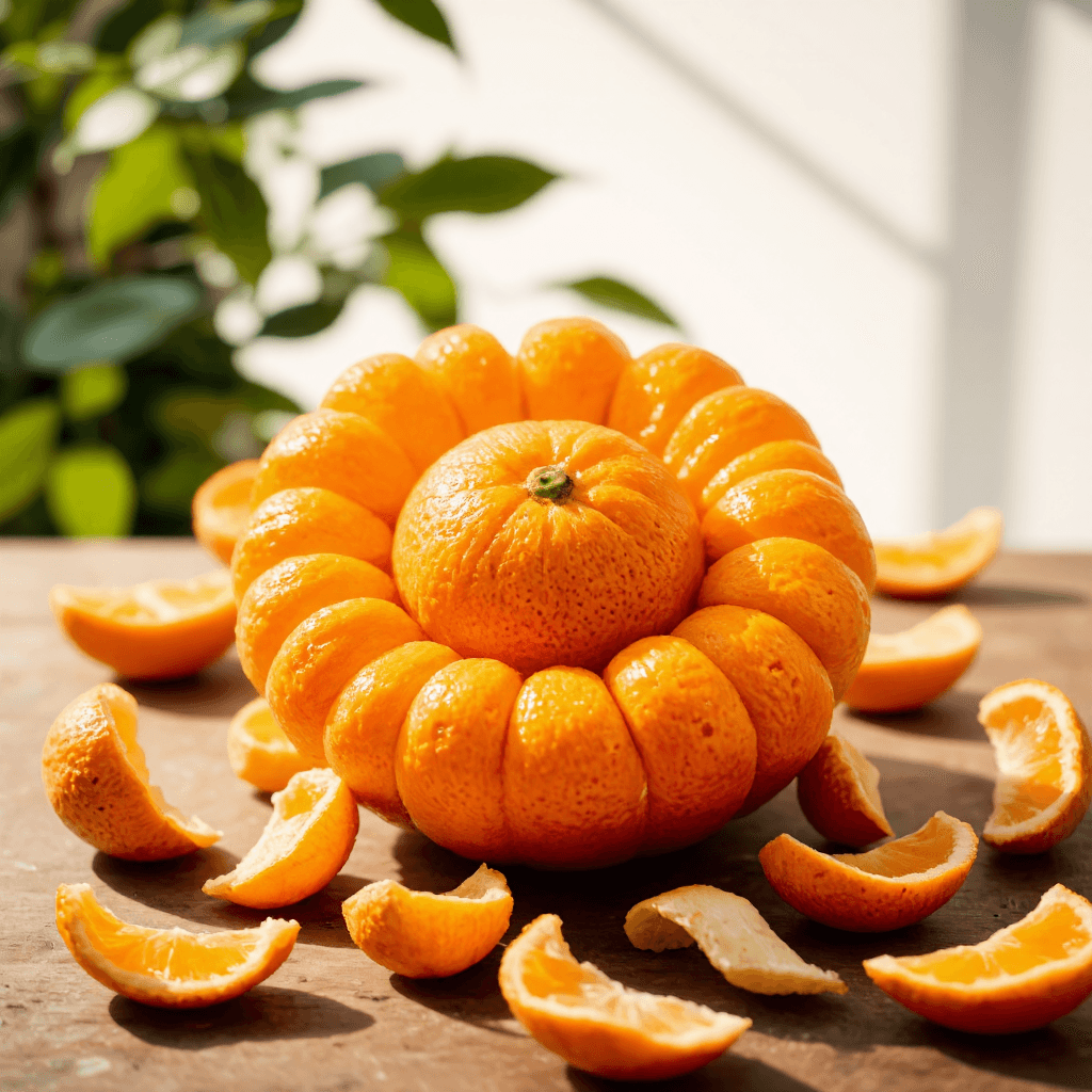product photography of a peeled mandarin orange with its segments arranged like petals, surrounded by orange peels