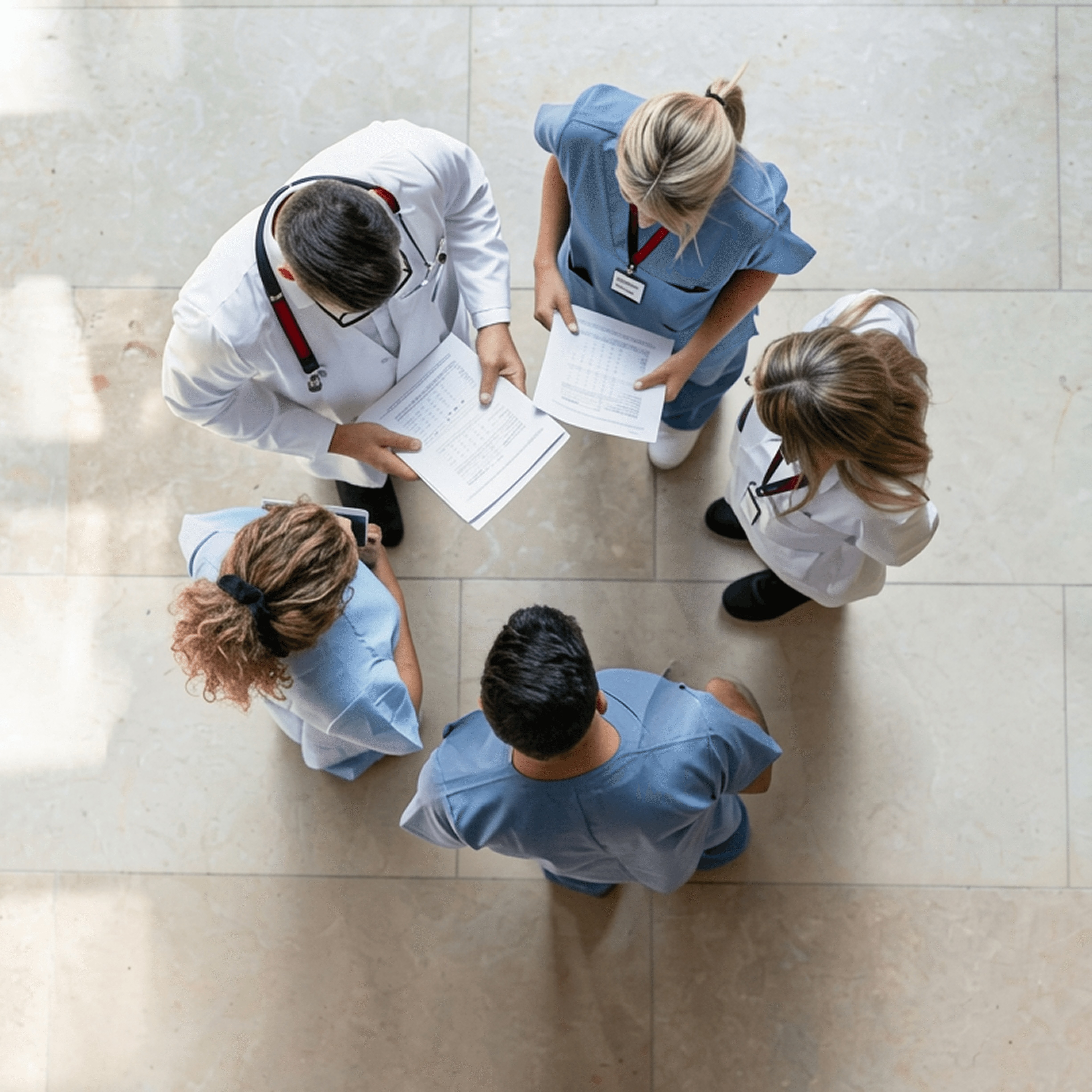 Medical professionals consulting documents.