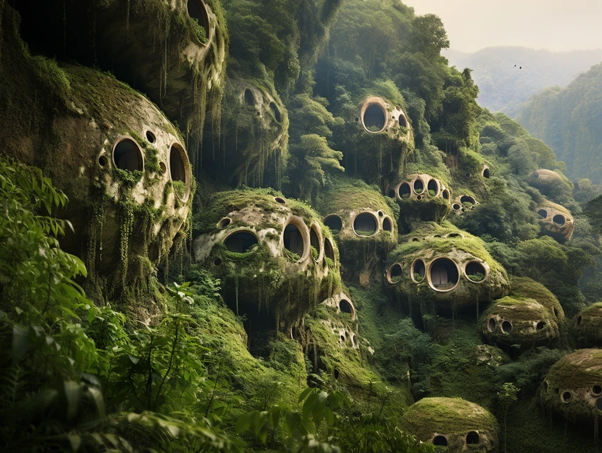 Mushroom-like dwellings built into the side of a cliff. Overgrown with nature