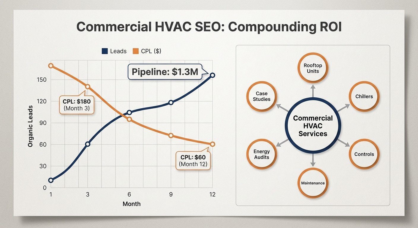 Commercial HVAC SEO performance chart showing compounding organic leads growth and declining cost per lead over 12 months