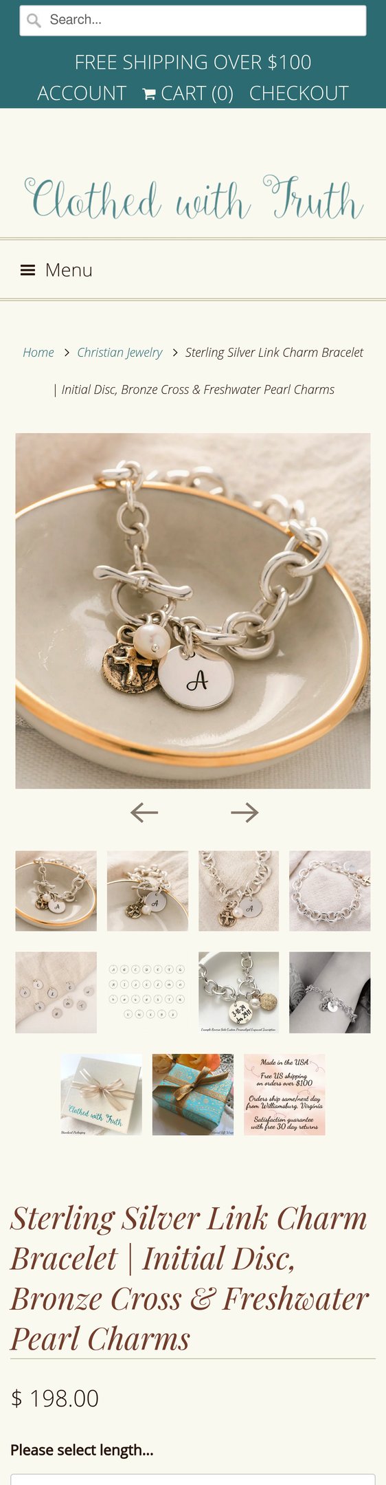 Jewelry product options include: bracelet, pendant for Sterling Silver Link Charm Bracelet | Initial Disc, Bronze Cross & Freshwater Pearl Charms from Clothed with Truth.