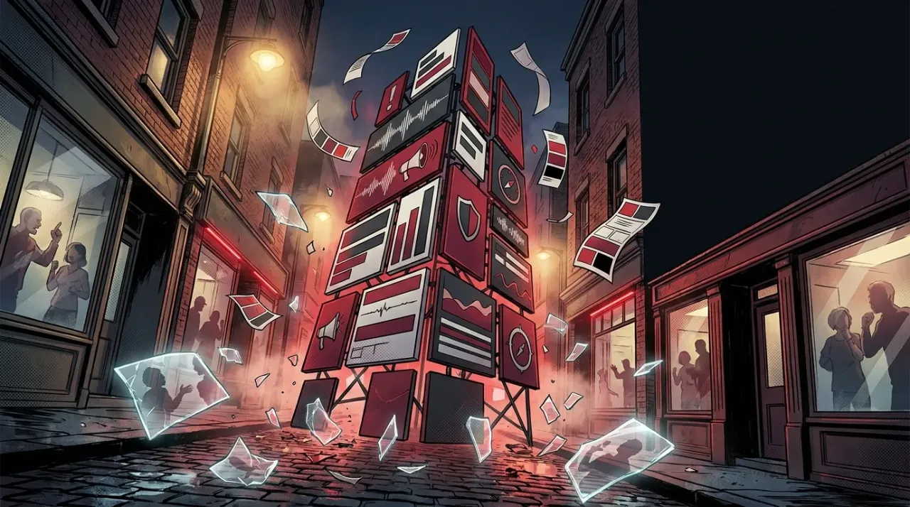 Block tower in a city alley, symbolizing RockN' Socials Digital Marketing Agency.