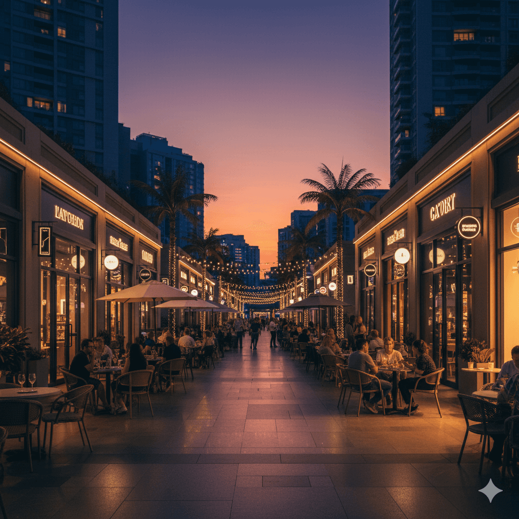 M3M Cosmopolitan Gurugram F&B dining area at sunset