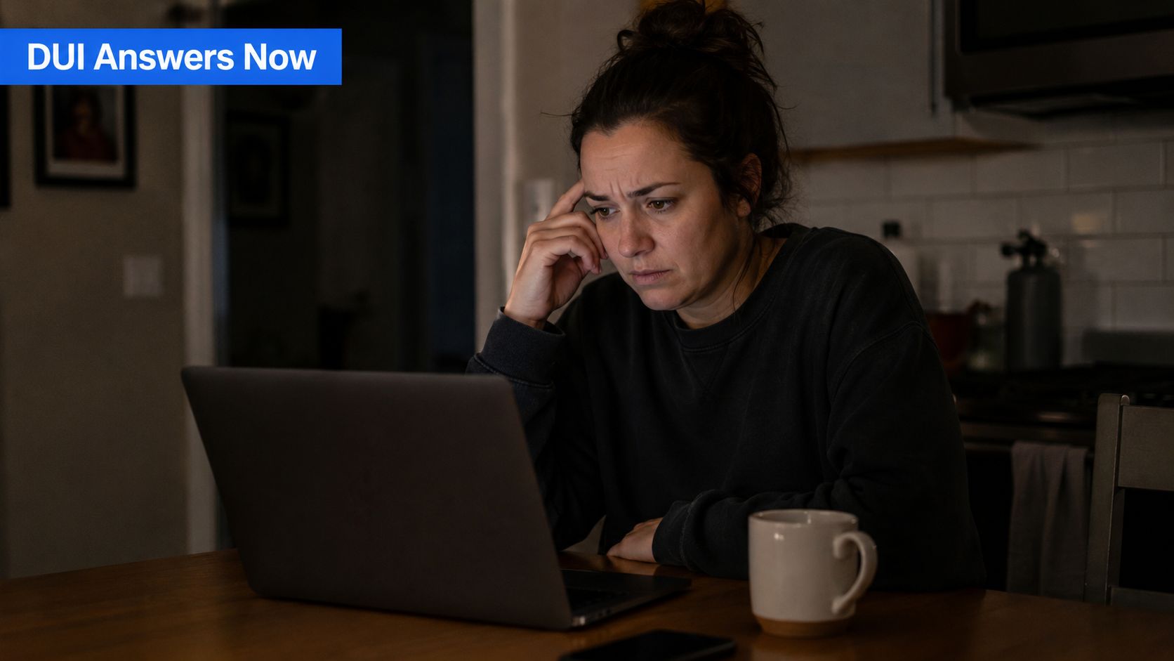 A concerned woman sitting at a table in a dimly lit room looking at her laptop computer.
