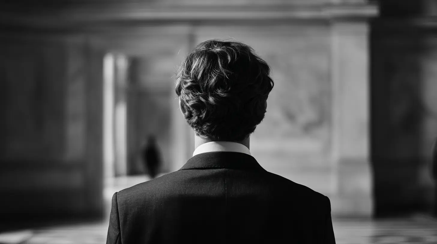 Personne de dos représentant un fonctionnaire dans un bâtiment administratif, tenue formelle, ambiance institutionnelle en noir et blanc.