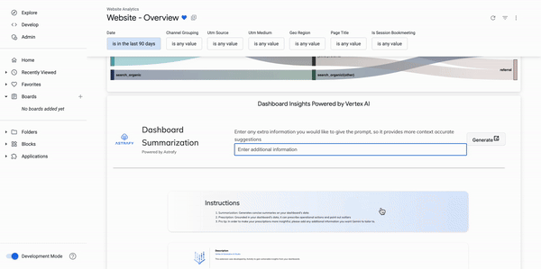 The GIF displays a user interface for a web analytics dashboard titled "Website - Overview". It features various filters like date range, channel grouping, and session bookmarking at the top. Below, there's a section labeled "Dashboard Insights Powered by Vertex AI" with input fields for users to request specific summarizations. There are instructions provided on how to use the dashboard effectively. The overall layout is clean and professional, designed for easy navigation and user interaction.