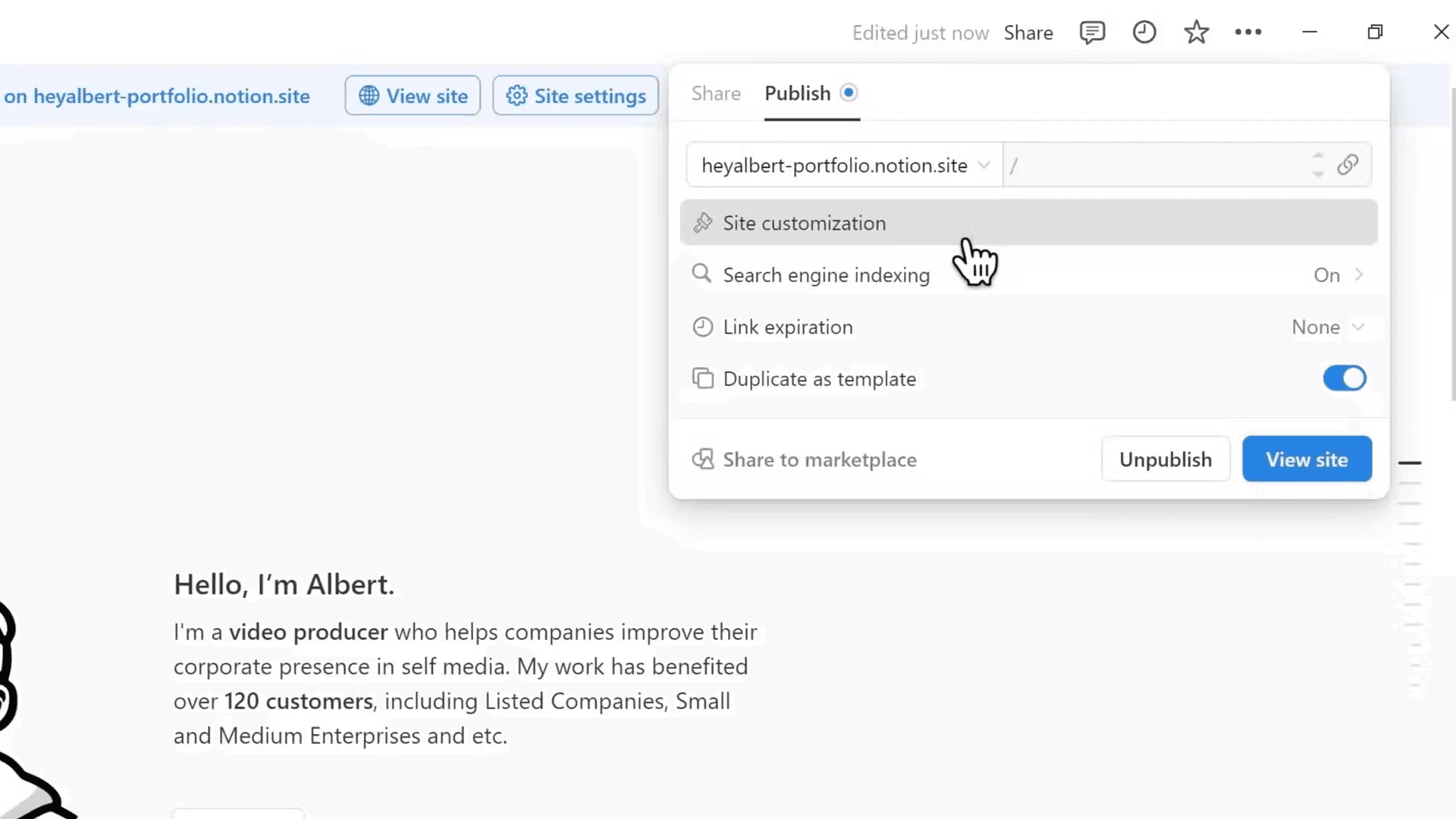 Image showing how to publish a website using the Notion Sites feature.