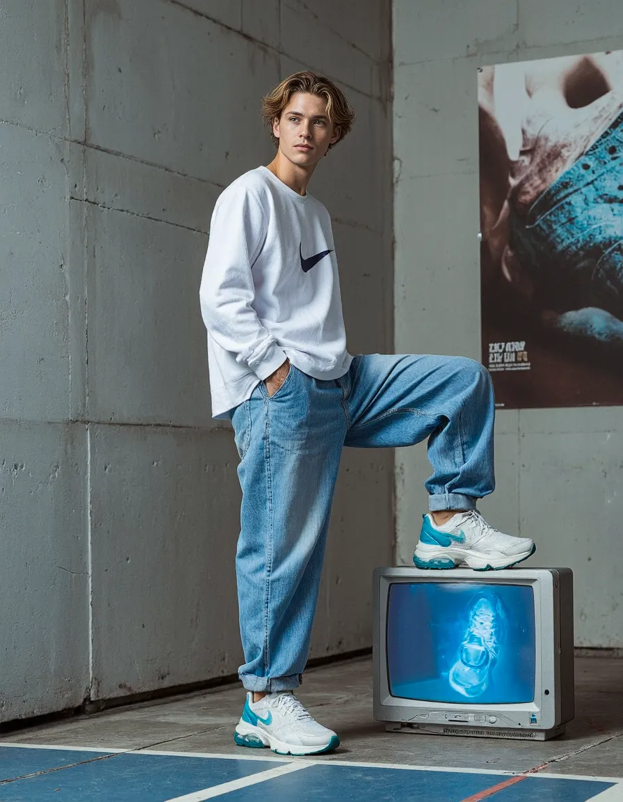 Stylish fashion composition featuring white and teal sneakers, baggy denim and a white sweatshirt, with a vintage TV displaying a blue glow.