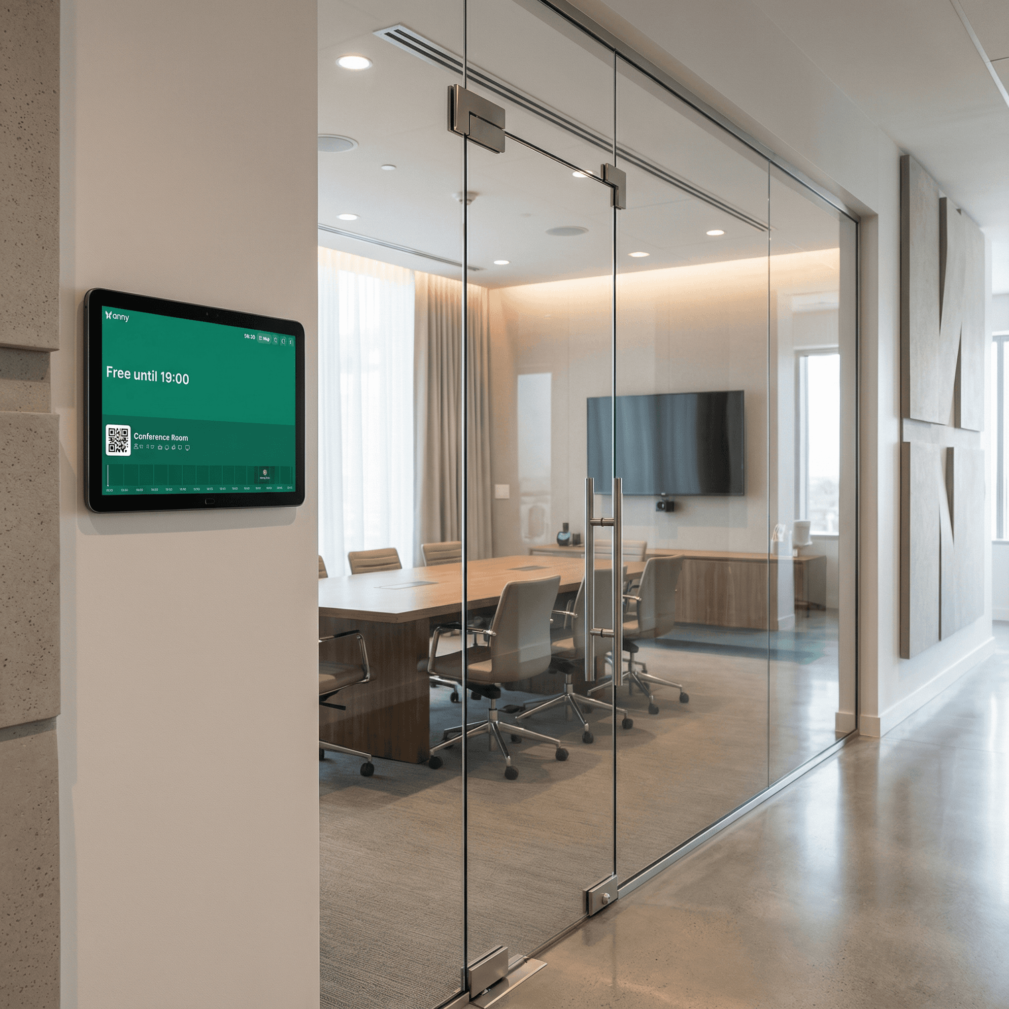 Lenovo Raumdisplay am Meetingraum zeigt Verfügbarkeit im anny Buchungssystem als frei