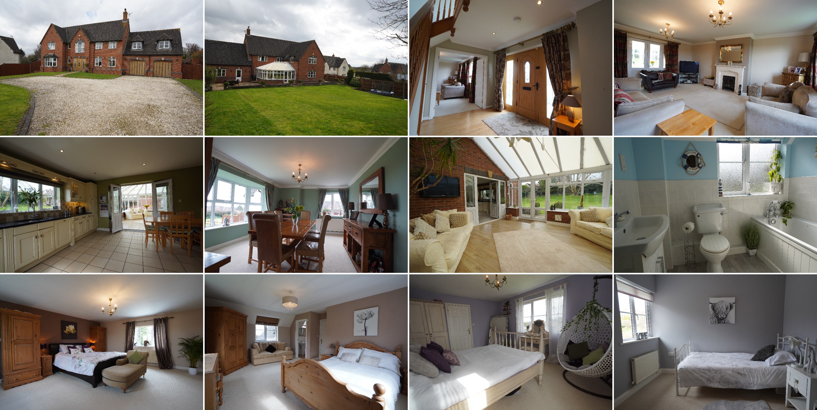 Original property listing photos before AI editing — exterior, interior, kitchen, dining room, conservatory, bathroom, and bedroom shots with grey skies and uneven exposure