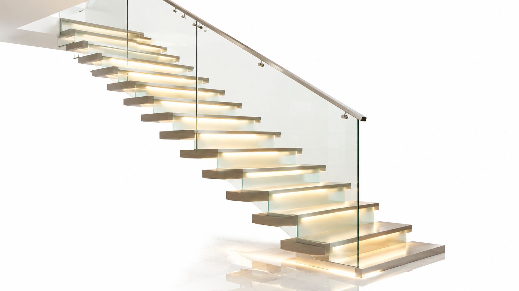 A modern floating staircase featuring wooden steps with integrated glowing lights and a transparent glass railing.