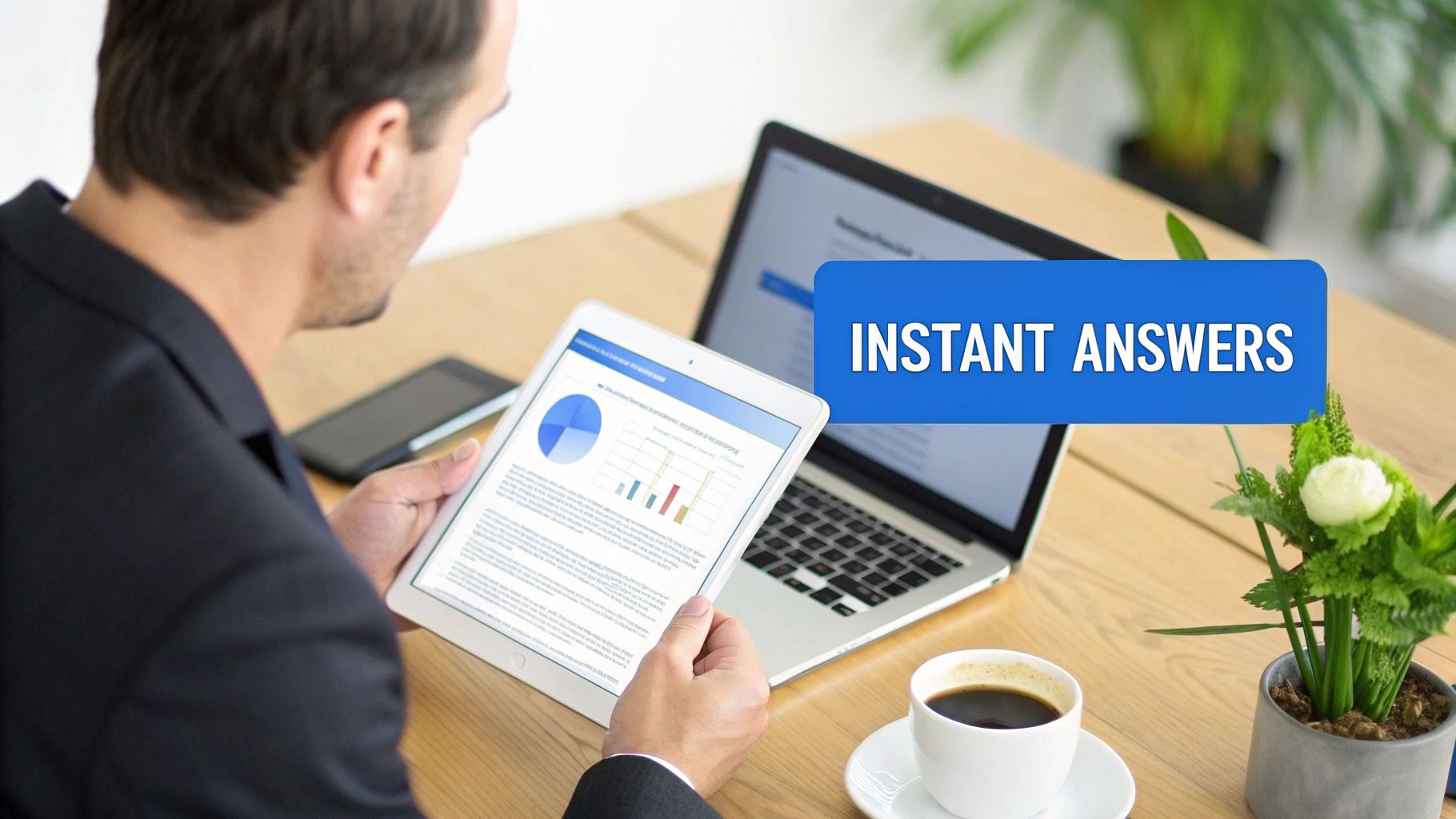 A man in a suit reviews data and charts on a tablet, with a laptop and coffee nearby.